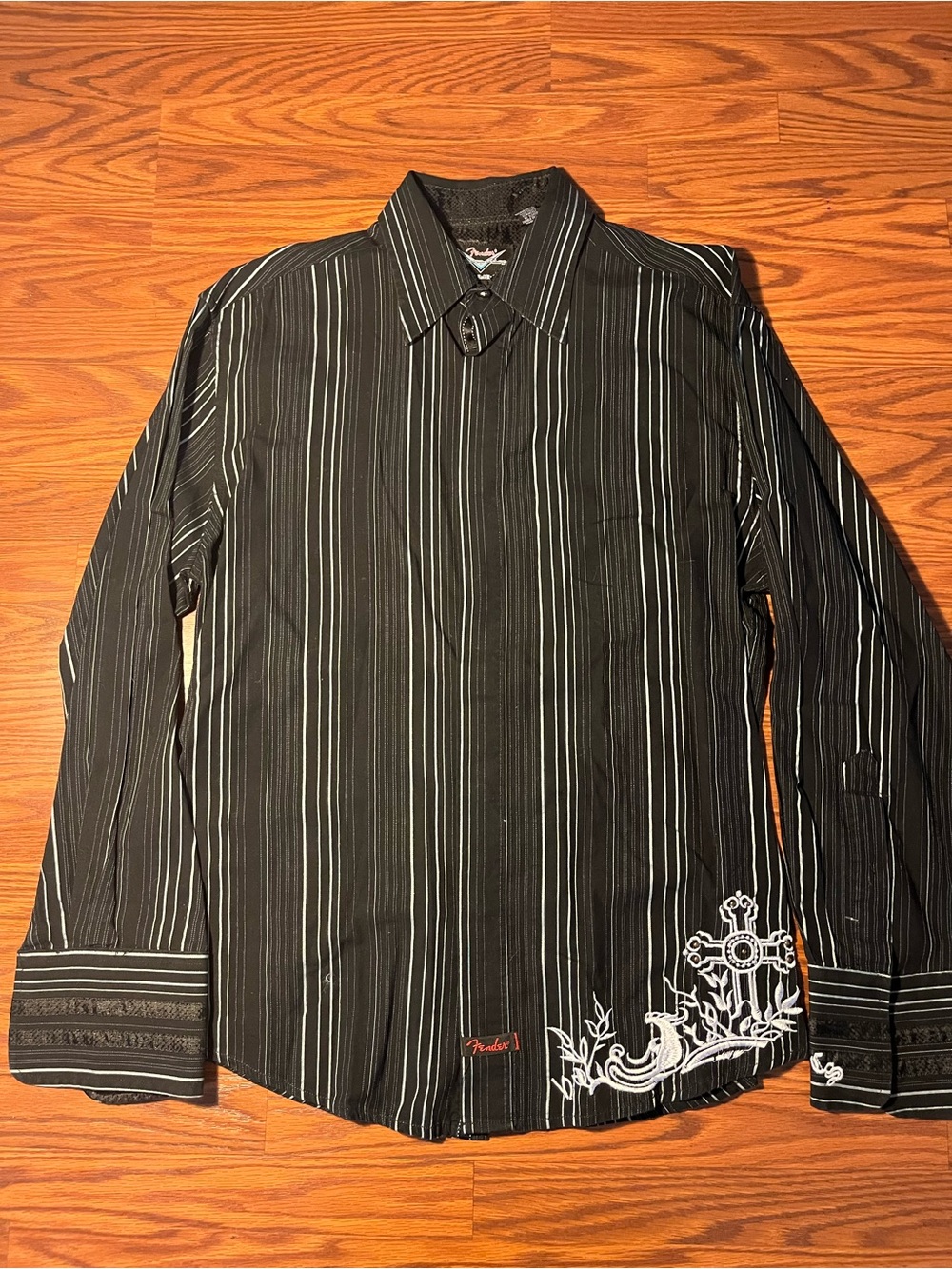 Fender Black Pinstripe Button-Down Shirt with White Embroidery